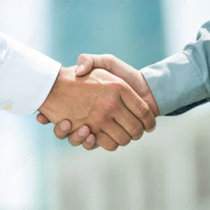 Handshake between two people in shirts against a blurred background