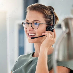 Person with headset in conversation at a workplace