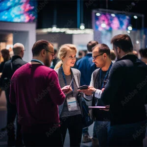 Four people with name tags in conversation at a trade fair