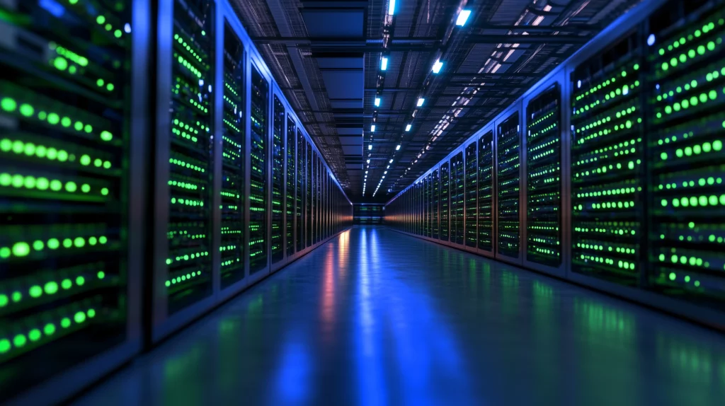 Aisle between server racks with green status lights in a data center