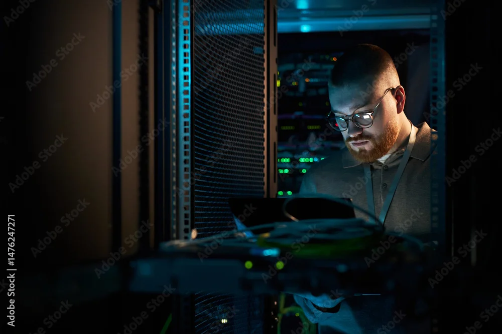 IT employee checks a device in a dark server room in front of server racks