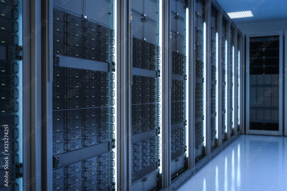 Row of server racks in a data center