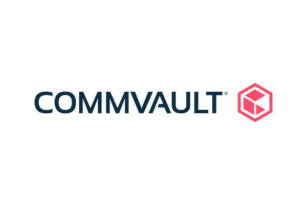 Logo of COMMVAULT with a pink cube in a hexagonal frame