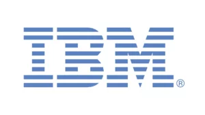 IBM logo as blue-striped letter block with registered trademark symbol