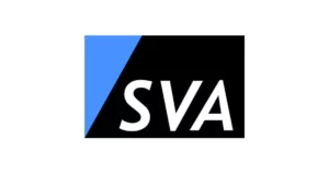 SVA logo, white letters on black block with blue corner