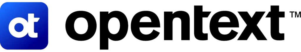 Logo von OpenText mit blauem Signet und schwarzem Schriftzug