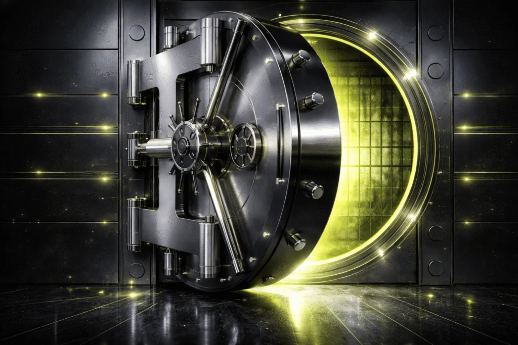 Open steel vault door with yellow light behind it