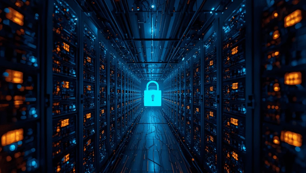 Serverraum-Gang mit leuchtendem Vorhängeschloss als Motiv für Immutable Backups