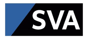 SVA logo with white lettering on black-blue rectangle