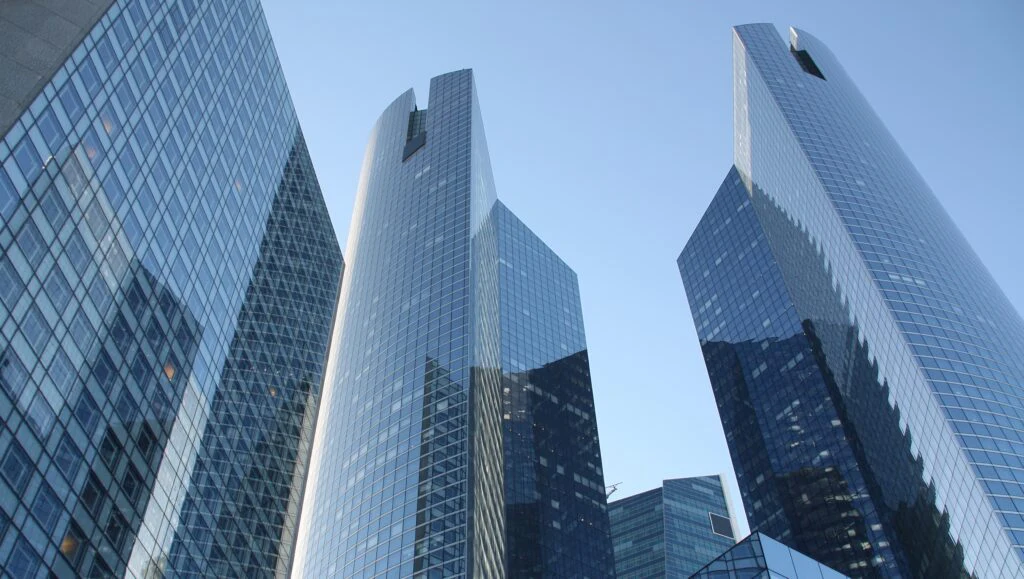 High-rise buildings with glass facades from a worm's-eye view in the financial district
