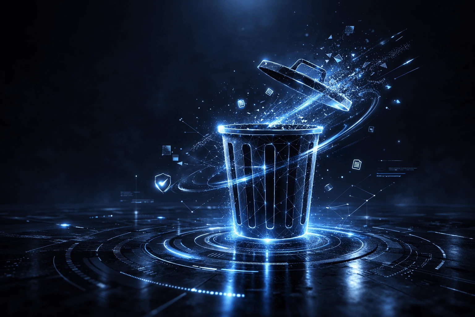 Digitally drawn trash can with document icons flying out