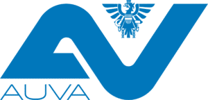Logo of AUVA with blue lettering and Austrian eagle