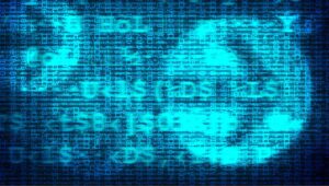 Dicht verschachtelte Zeichen und Codezeilen in Blau auf einem Bildschirm