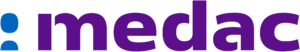 Logo of Medac in violet font with blue symbol
