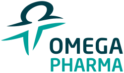Logo of Omega Pharma with stylized figure in turquoise and dark blue