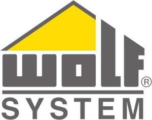 Logo of Wolf System with yellow house gable above the wordmark
