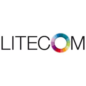 Logo of Litecom with multi-colored ring in the lettering