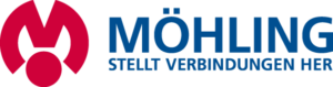Logo of Möhling with red M and the slogan "stelt Verbindungen her" (creates connections)