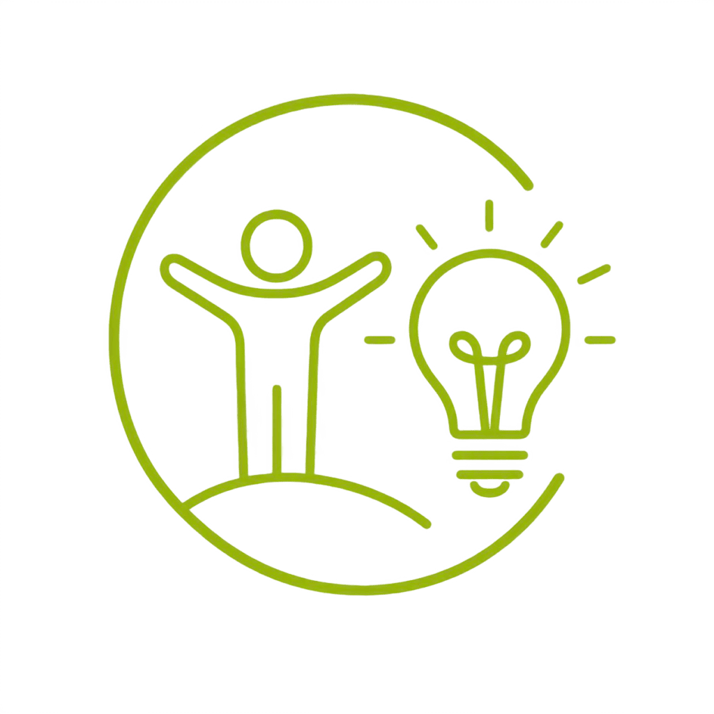 Icon with a person with raised arms and a glowing light bulb