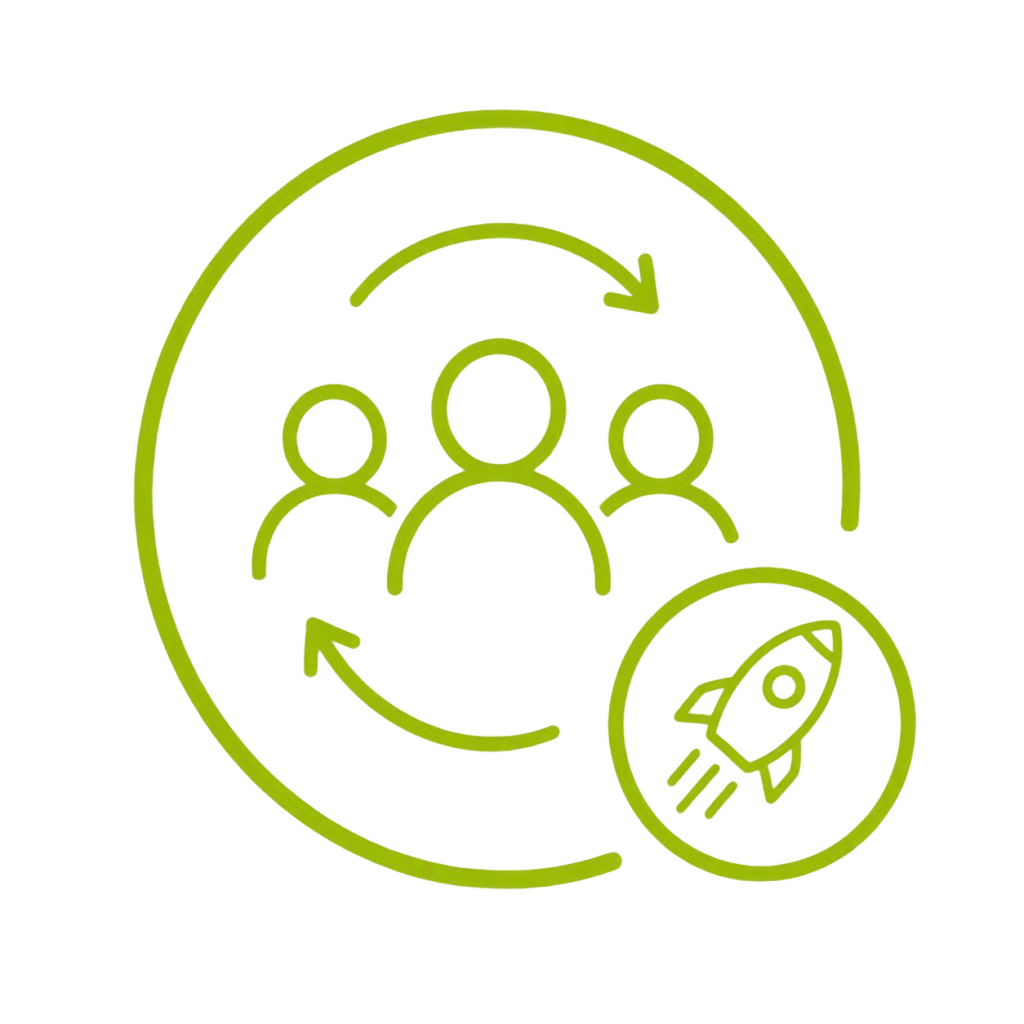 Person icons with a circular arrow and rocket as a symbol for agile processes