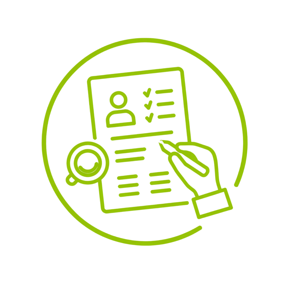 Icon with application documents, checklist, and a writing hand