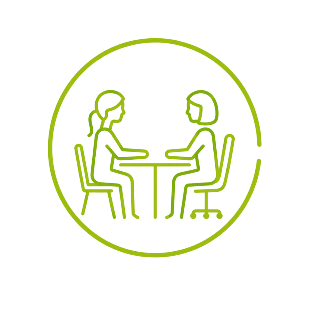 Symbol of two people talking at a table for the introductory interview