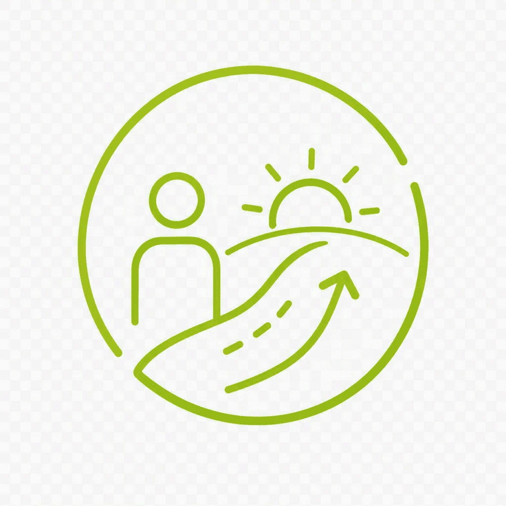 Symbol with a person, path, and rising sun for future-oriented action
